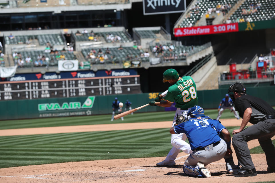 OAKLAND, CA - JUNE 13: Matt Olson #28 of the Oakland Athletics hits his second home run of the day during the game against the Kansas City Royals at RingCentral Coliseum on June 13, 2021 in Oakland, California. The Athletics defeated the Royals 6-3. (Photo by Michael Zagaris/Oakland Athletics/Getty Images)