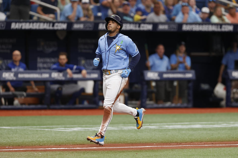 Tampa Bay Rays' Wander Franco runs down the third base line to score against the Toronto Blue Jays during the sixth inning of a baseball game Sunday, May 15, 2022, in St. Petersburg, Fla. (AP Photo/Scott Audette)