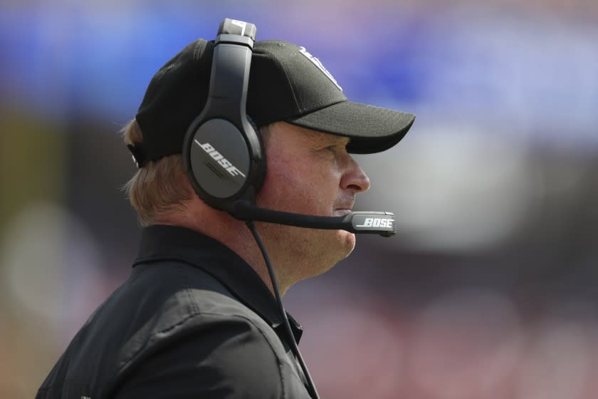 Las Vegas Raiders head coach Jon Gruden watches during the second half of his team's NFL preseason football game against the San Francisco 49ers in Santa Clara, Calif., Sunday, Aug. 29, 2021. (AP Photo/Jed Jacobsohn)