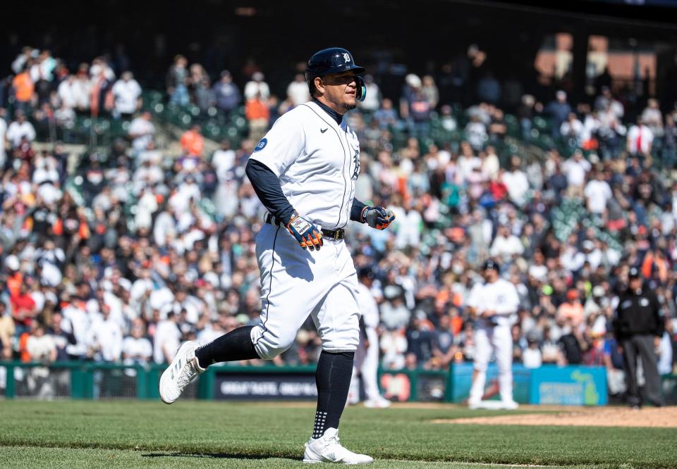 Detroit Tigers designated hitter Miguel Cabrera is intentionally walked by the New York Yankees during the eighth inning at Comerica Park on Thursday, April 21, 2022.