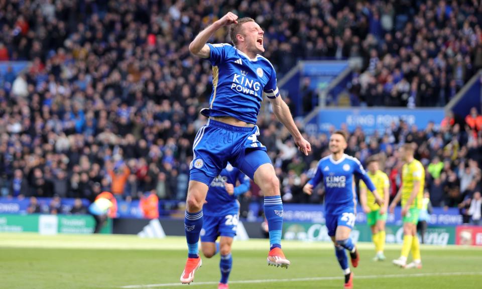 <span>Jamie Vardy’s stoppage-time strike confirmed a much-needed win for Leicester City.</span><span>Photograph: Plumb Images/Leicester City FC/Getty Images</span>