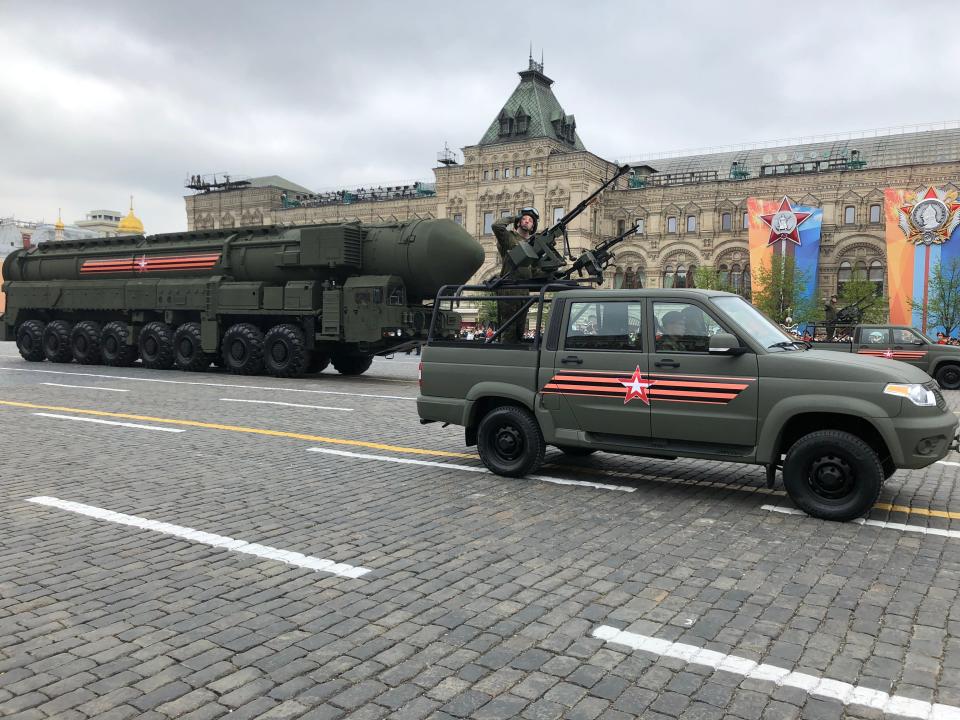 Russian Yars ballistic nuclear missiles on mobile launchers roll through Red Square during the Victory Day military parade rehearsals on May 6, 2018 in Moscow, Russia.