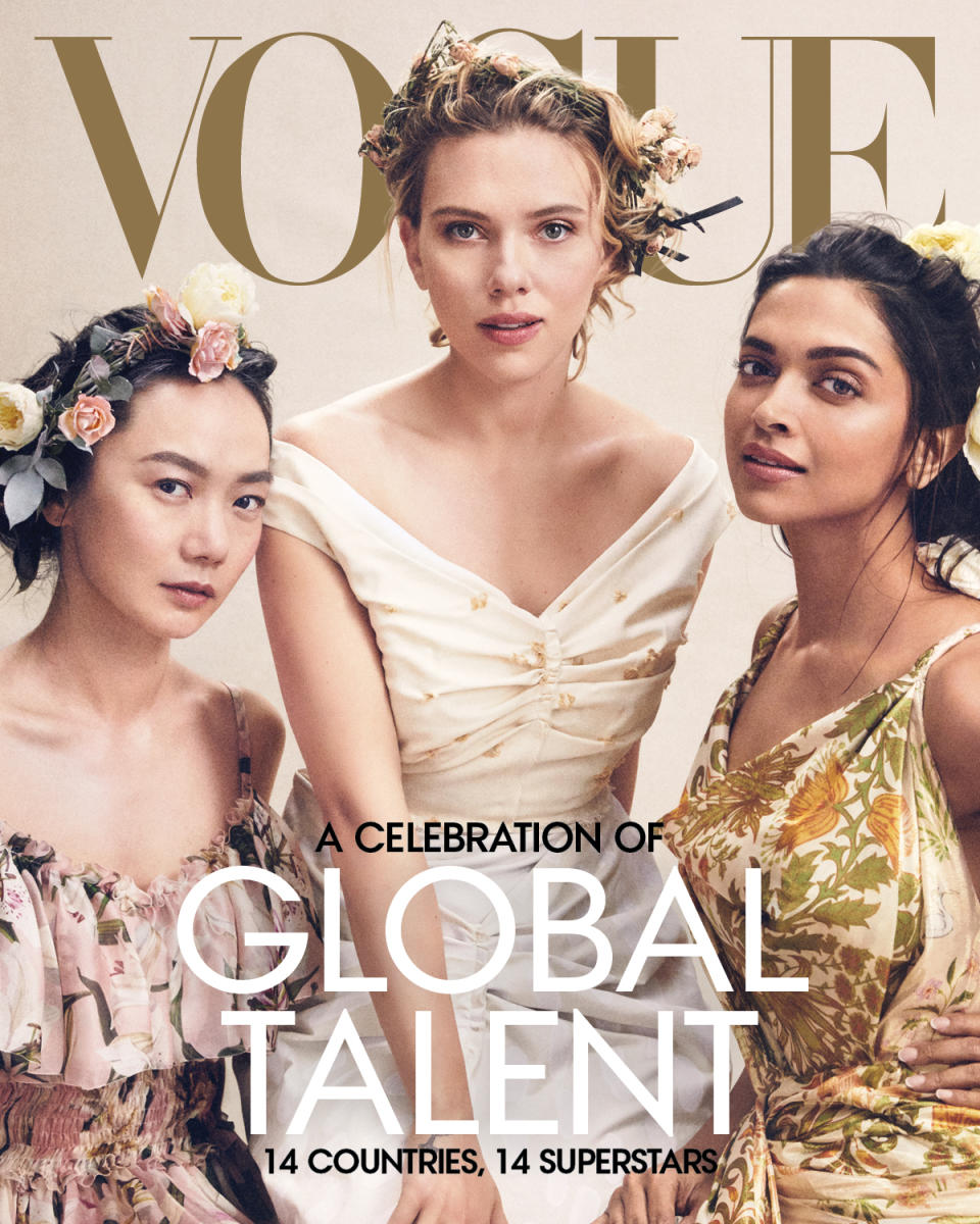 Scarlett Johansson appears on the <i>Vogue</i> cover alongside Doona Bae and Deepika Padukone. (Photo: Mikael Jansson//Vogue)