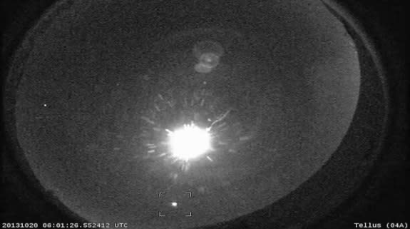 The camera of Tellus Science Museum in Cartersville, GA, part of NASA's All-Sky Fireball network, captured an Orionid Meteor fireball blazing across the sky on Oct. 20, 2013.