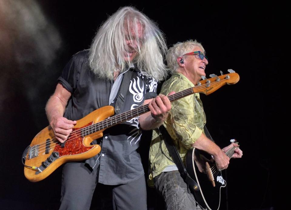 REO Speedwagon’s Bruce Hall and Kevin Cronin jam at Raleigh, N.C.’s Coastal Credit Union Music Pavilion at Walnut Creek, Wednesday night, Aug. 10, 2022.