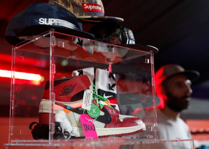 FILE PHOTO: Nike Off-White Air Jordan 1 sneakers are seen at the KICKIT Sneaker e Streetwear Market in Rome