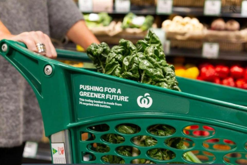 Person pushes recycled Woolworths trolley filled with vegetables 