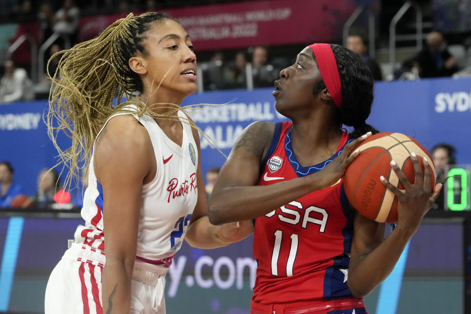 United States' Kahleah Copper, right, steals the ball from Puerto Rico's Trinity San Antonio during their game at the women's Basketball World Cup in Sydney, Australia, Friday, Sept. 23, 2022. (AP Photo/Mark Baker)