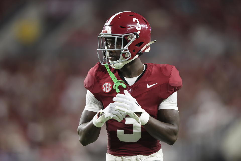 Alabama defensive back Terrion Arnold (3) during the second half of an NCAA college football game, Saturday, Sept. 2, 2023, in Tuscaloosa, Ala. (AP Photo/Vasha Hunt)