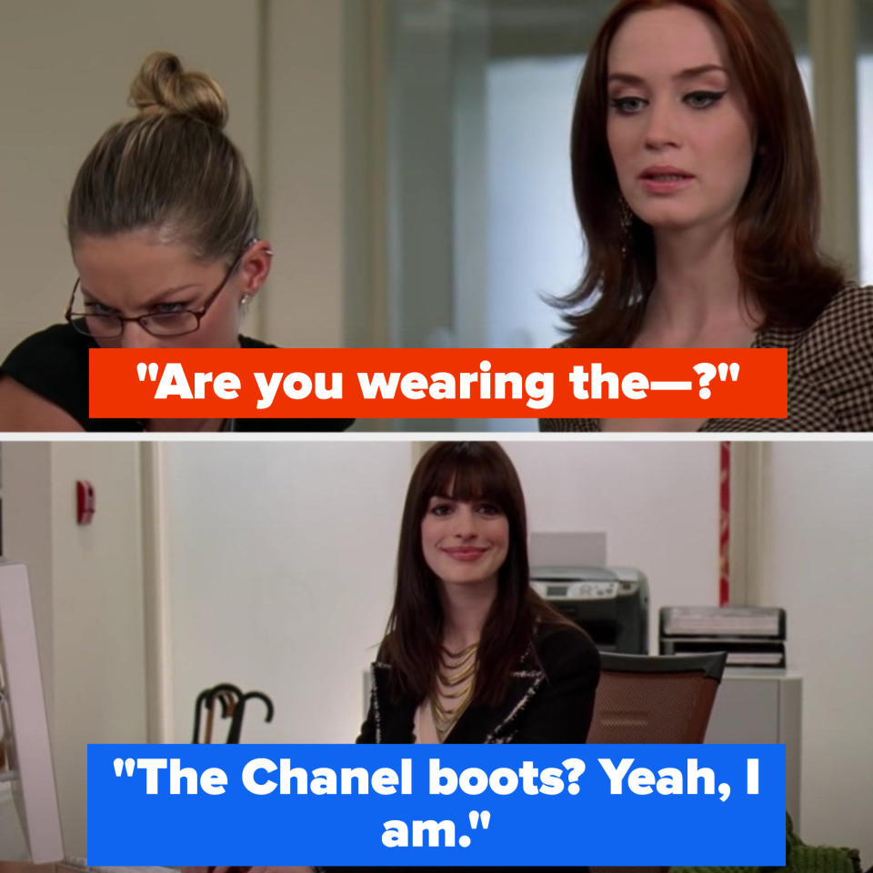 Emily says "are you wearing the—" and Andy interrupts to say, "The Chanel boots? Yeah, I am"