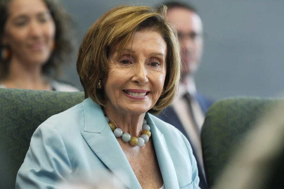 FILE - U.S. Speaker of the House Nancy Pelosi greets scientists gathered for a roundtable discussion at the National Center for Atmospheric Research on Aug. 31, 2022, in Boulder, Colo. China's Foreign Ministry accused the United States of violating its commitment to the “one-China” principle and interfering in internal Chinese affairs on Thursday, Sept. 15, 2022, after the U.S. Senate Foreign Relations committee approved a new bill that could significantly increase American defense support for the island of Taiwan.(AP Photo/David Zalubowski, File)