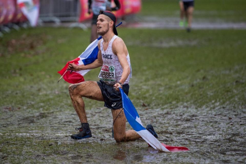 Frenchman Jimmy Gressier celebrates during the U23 men's race ((Credit too long, see caption))