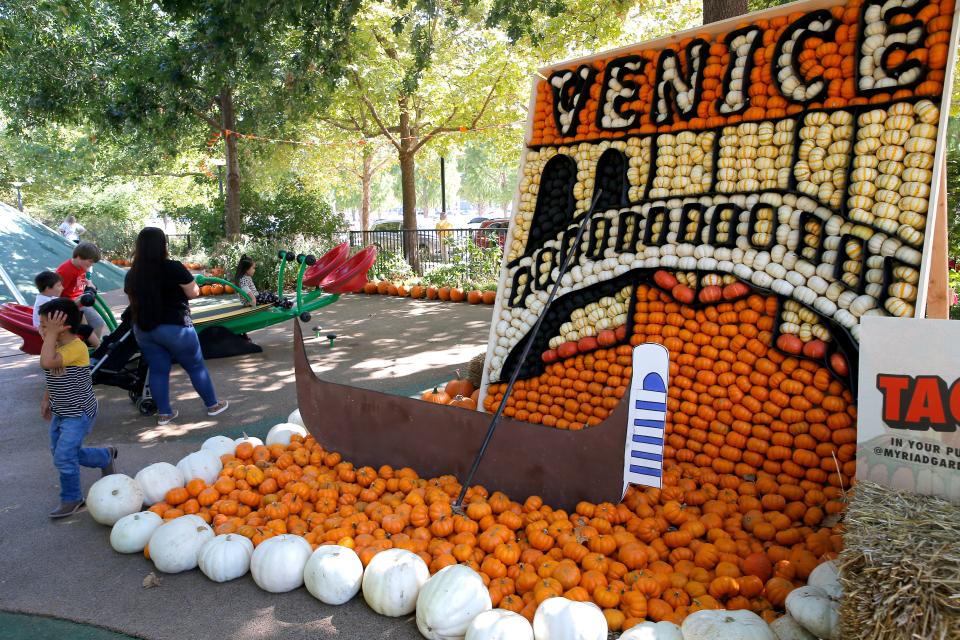 Decorations are pictured at Pumpkinville at the Myriad Botanical Gardens in Oklahoma City, Tuesday, Oct., 10, 2023.