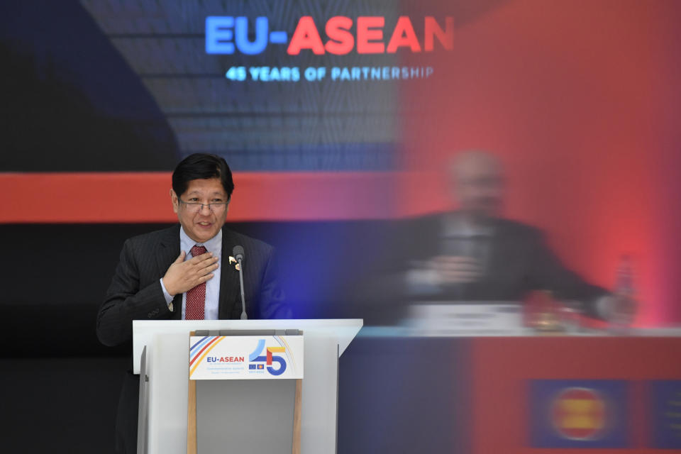 Philippines President Ferdinand Marcos speaks during the opening ceremony at an EU-ASEAN summit in Brussels, Wednesday, Dec. 14, 2022. EU and ASEAN leaders meet in Brussels for a one day summit to discuss the EU-ASEAN strategic partnership, trade relations and various international topics. (AP Photo/Geert Vanden Wijngaert)