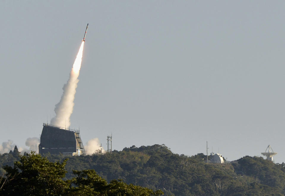 Japan Aerospace Exploration Agency’s SS-520 satellite launches at its Uchinoura Space Center in Kimotsuki