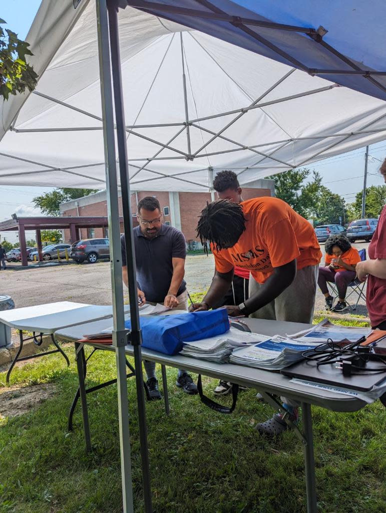The survey location is setup at the site of the new Community Impact Center to survey North End residents at the corner of Springmill and Bowman streets.