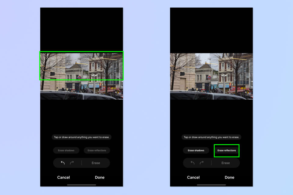 A screenshot showing how to erase reflections on Samsung Galaxy S24 devices