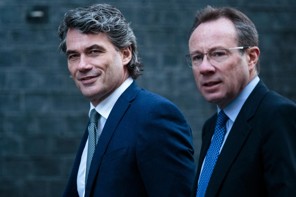 LONDON, ENGLAND - JANUARY 30: Philip Jansen, incoming chief executive officer of BT Group Plc (R) and Gavin Patterson, chief executive officer of BT Group Plc (L) arrive at Downing Street on January 30, 2019 in London, England. British Prime Minister Theresa May is set to have further talks with EU leaders after MPs in the House of Commons last night backed a proposal for her to amend the Brexit withdrawal agreement. (Photo by Jack Taylor/Getty Images)