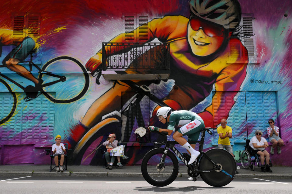 COMBLOUX FRANCE  JULY 18 Jasper Philipsen of Belgium and Team AlpecinDeceuninck  Green Points Jersey sprints during the stage sixteen of the 110th Tour de France 2023 a 224km individual climbing time trial stage from Passy to Combloux 974m  UCIWT  on July 18 2023 in Combloux France Photo by David RamosGetty Images