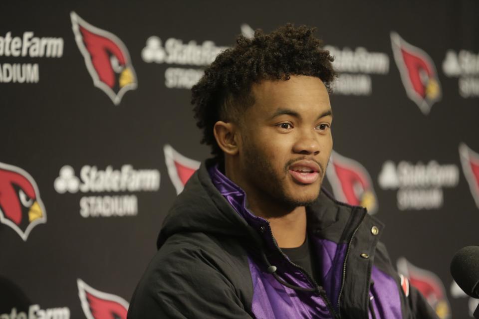 In this Sunday, Dec. 22, 2019, photo, Arizona Cardinals quarterback Kyler Murray talks to reporters during a post-game news conference following an NFL football game against the Seattle Seahawks in Seattle. Murray's impressive first season is early proof that the Arizona Cardinals made a good decision when they selected the quarterback with the No. 1 overall pick in April. (AP Photo/Lindsey Wasson)