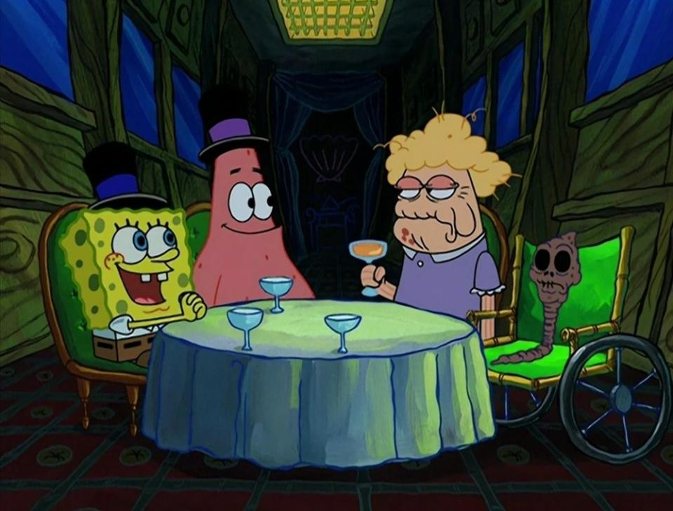 SpongeBob, Patrick at a table with drinks in a cartoon setting