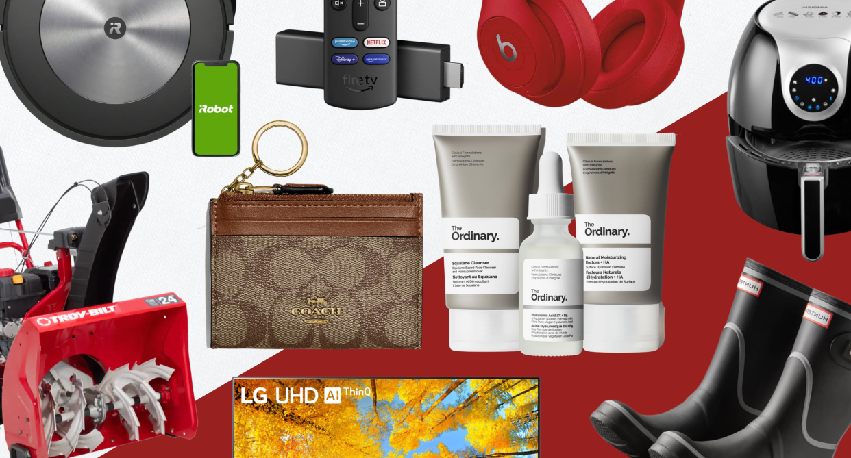 collage of black friday 2022 deals in canada: snow blower, tv, hunter boots, coach wallet, the ordinary skincare, air fryer, beats headphones, amazon fire tv stock, irobot robot vacuum