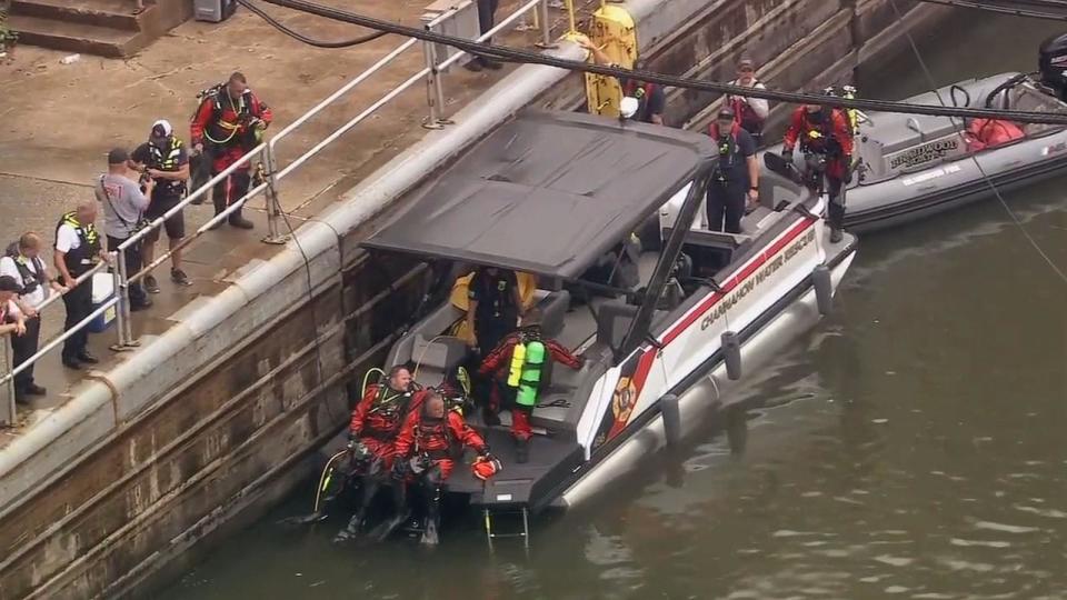 PHOTO: Rockdale crews search for the vehicle belonging to missing Chicago pastor Warren Beard, in this still from a video taken by WLS, July 10, 2024. (ABC News/WLS)