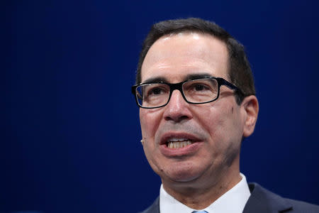 Steven Mnuchin, Secretary, U.S. Department of the Treasury, speaks at the Milken Institute's 21st Global Conference in Beverly Hills, California, U.S. April 30, 2018. REUTERS/Lucy Nicholson