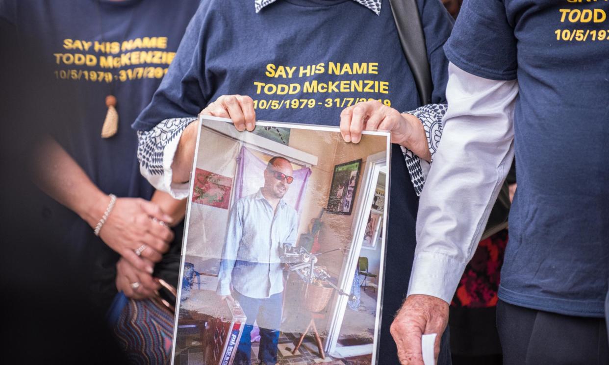 <span>Todd McKenzie’s family and their legal team at the Lidcombe coroners court of New South Wales on Friday.</span><span>Photograph: Flavio Brancaleone/AAP</span>