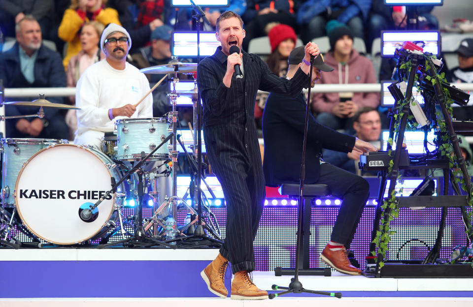 NEWCASTLE UPON TYNE, ENGLAND - OCTOBER 15: The Kaiser Chiefs perform during the Opening Ceremony of the Rugby League World 2021 Pool A match between England and Samoa at St. James Park on October 15, 2022 in Newcastle upon Tyne, England. (Photo by Alex Livesey/Getty Images for RLWC)
