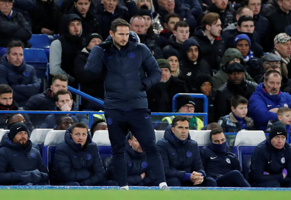 Soccer Football - Premier League - Chelsea v Southampton - Stamford Bridge, London, Britain - December 26, 2019 Chelsea manager Frank Lampard looks dejected  Action Images via Reuters/Paul Childs  EDITORIAL USE ONLY. No use with unauthorized audio, video, data, fixture lists, club/league logos or "live" services. Online in-match use limited to 75 images, no video emulation. No use in betting, games or single club/league/player publications.  Please contact your account representative for further details.