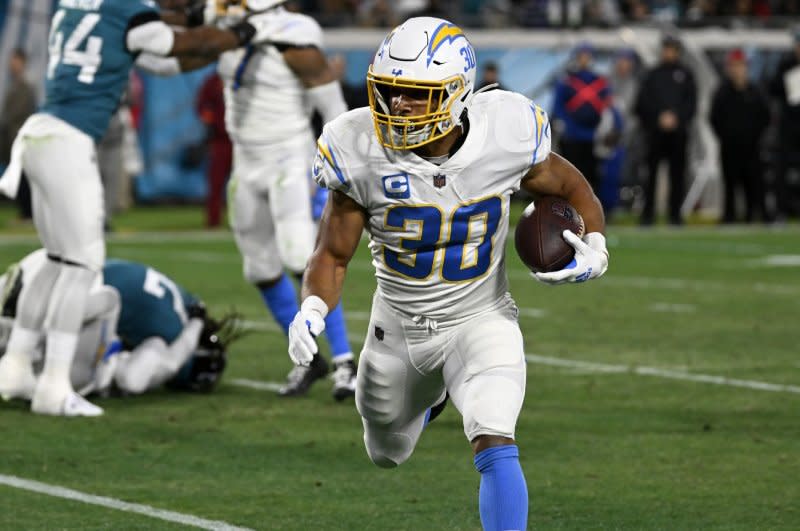 Los Angeles Chargers running back Austin Ekeler failed to agree to a long-term contract this off-season. File Photo by Joe Marino/UPI