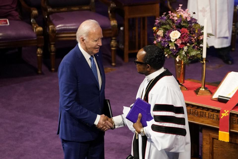 PHOTO: President Joe Biden greets Bishop J. Louis Felton, Senior Pastor at a church service at Mt Airy Church of God In Christ in Philadelphia, July 7, 2024.  (Nathan Howard/Reuters)