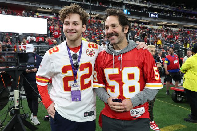 <p>Jamie Squire/Getty Images</p> Jack Rudd (L) and Paul Rudd attend Super Bowl LVIII between the Kansas City Chiefs and the San Francisco 49ers at Allegiant Stadium on February 11, 2024 in Las Vegas, Nevada.