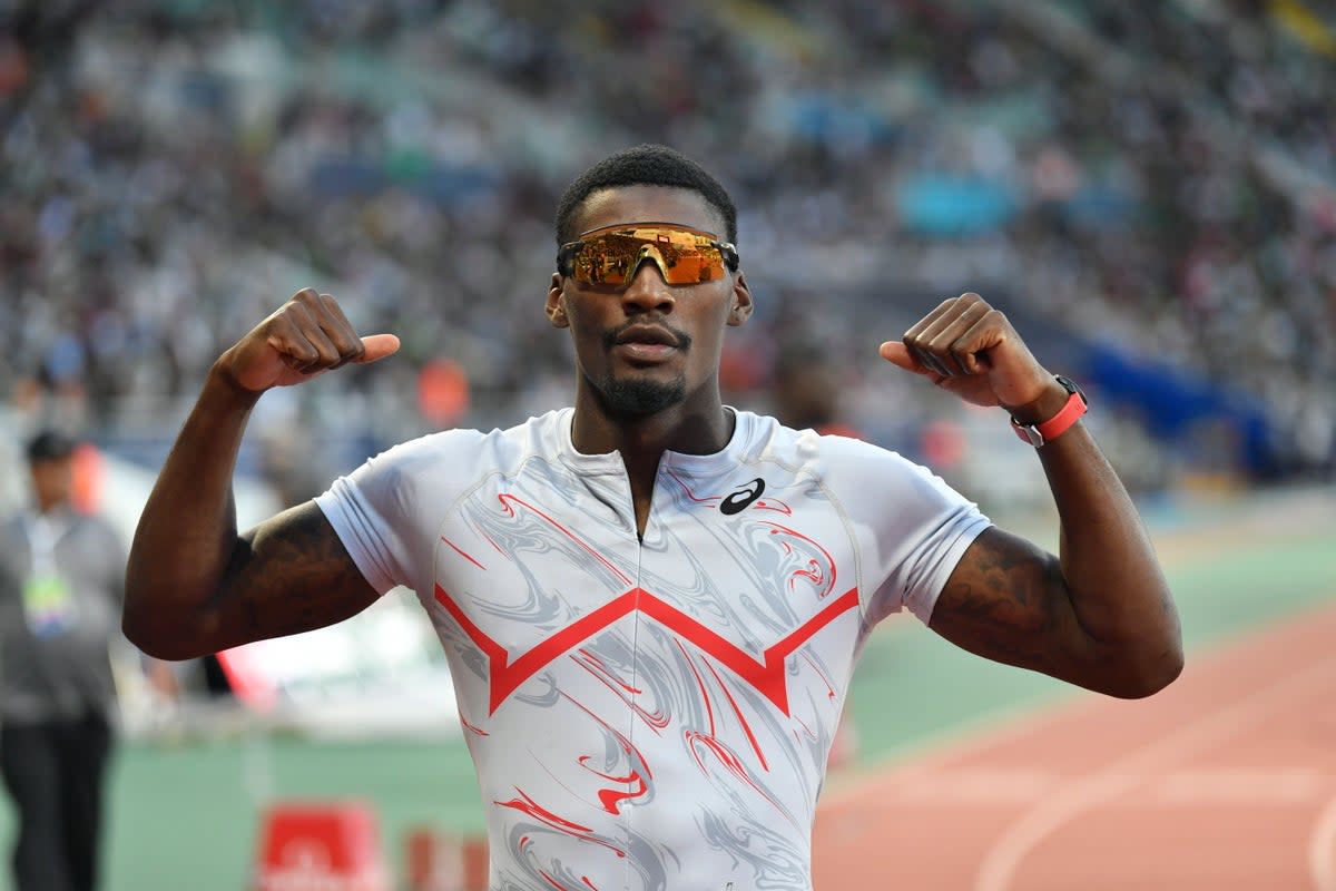 Fred Kerley of USA celebrates winning the 100m Men final at the Diamond League meeting in Rabat (EPA)