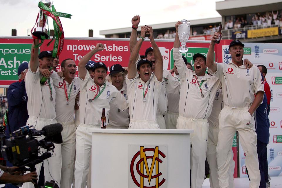 England’s players, led by captain Michael Vaughan, celebrate their Ashes triumph at The Oval in 2005