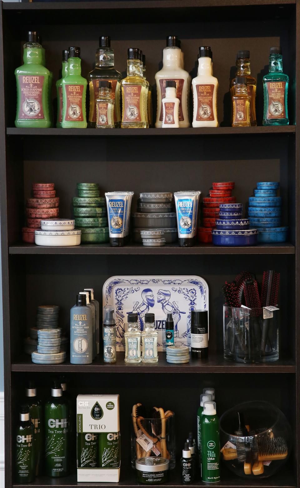 Products on a shelf  at The Fine Men's Salon of Westchester in Mamaroneck April 18,  2019.