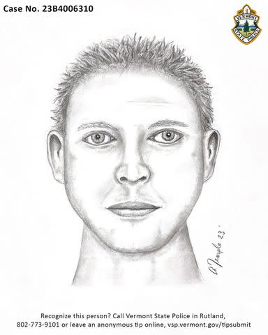 <p>Vermont State Police</p> Sketch of the person of interest in the shooting death of Honoree Fleming