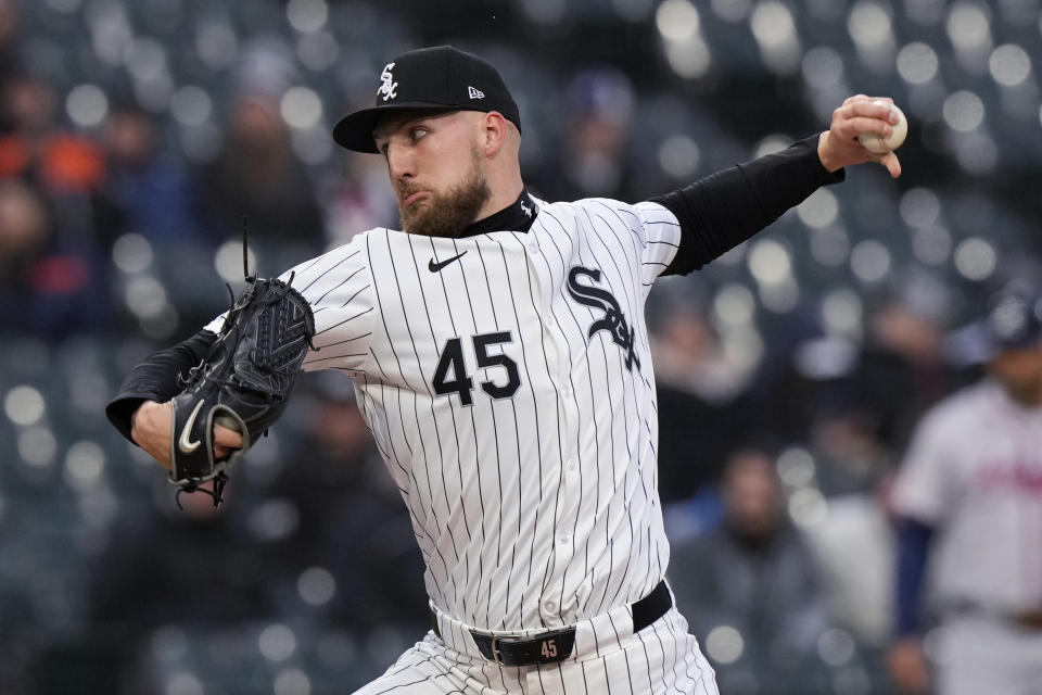 Chicago White Sox starting pitcher Garrett Crochet throws against the Atlanta Braves during the first inning of a baseball game in Chicago, Tuesday, April 2, 2024. (AP Photo/Nam Y. Huh)