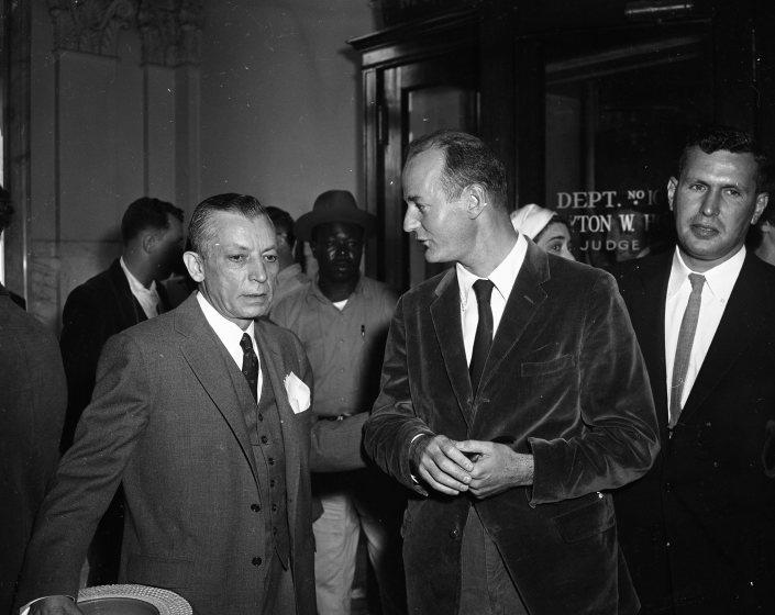 Howl obscenity trial, lawyer Jake Ehrlich, Lawrence Ferlinghetti and Shigeyoshi Murao 1957 (Photo by Photographer Unknown/San Francisco Chronicle via Getty Images)