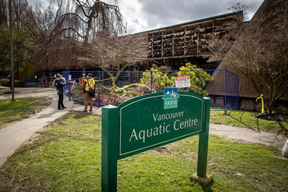 Part of the front wall of the Vancouver Aquatic Centre is pictured after it collapsed in Vancouver, British Columbia on Wednesday, March 16, 2022.