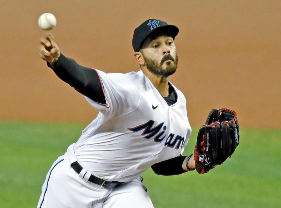 Miami Marlins starting pitcher Pablo Lopez (49) pitches in the first inning as the Miami Marlins host the New York Mets at Marlins Park in Miami on Wednesday, August 19, 2020.