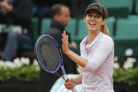 Tsvetana Pironkova celebrates beating Agnieszka Radwanska at the French Open, May 31, 2016. REUTERS/Pascal Rossignol