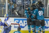 May 25, 2016; San Jose, CA, USA; San Jose Sharks right wing Joel Ward (42) celebrates scoring a goal against the St. Louis Blues in the second period of game six in the Western Conference Final of the 2016 Stanley Cup Playoffs at SAP Center at San Jose. Mandatory Credit: John Hefti-USA TODAY Sports