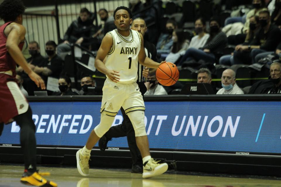 Army's Jalen Rucker (1) hit four 3-pointers as part of his 14 points on Saturday in a 60-56 win over Lafayette at West Point. ARMY ATHLETICS