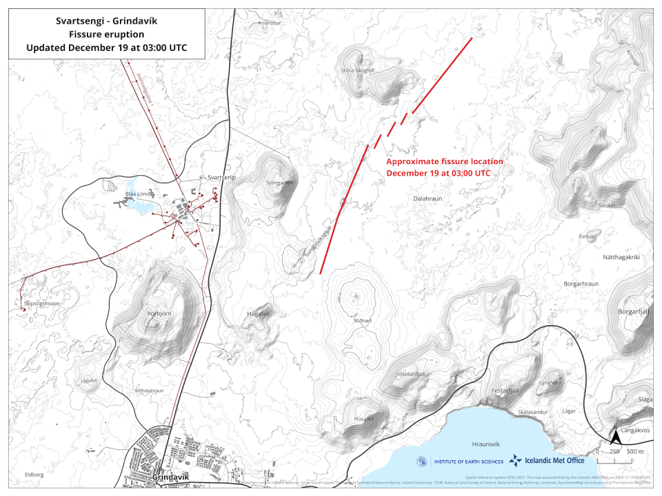The location of the fissure where magma erupted starting Dec. 18, 2023, a few miles from the town of Grindavík and just east of Svartsengi power plant and ajacent Blue Lagoon thermal spa. <a href="https://en.vedur.is/about-imo/news/a-seismic-swarm-started-north-of-grindavik-last-night" rel="nofollow noopener" target="_blank" data-ylk="slk:Icelandic Met Office;elm:context_link;itc:0;sec:content-canvas" class="link ">Icelandic Met Office</a>