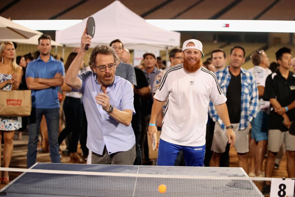 Emmy winner Bryan Cranston and Dodgers’ third baseman Justin Turner took played as partners in the doubles tournament. (Getty Images)