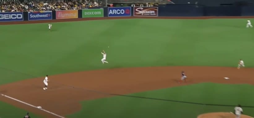 Fernando Tatis Jr. jumps for line drive ball