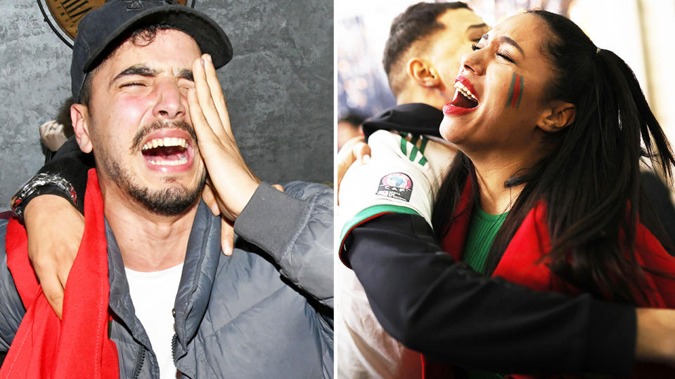 Moroccan fans, pictured here in disbelief after their win over Spain at the World Cup.