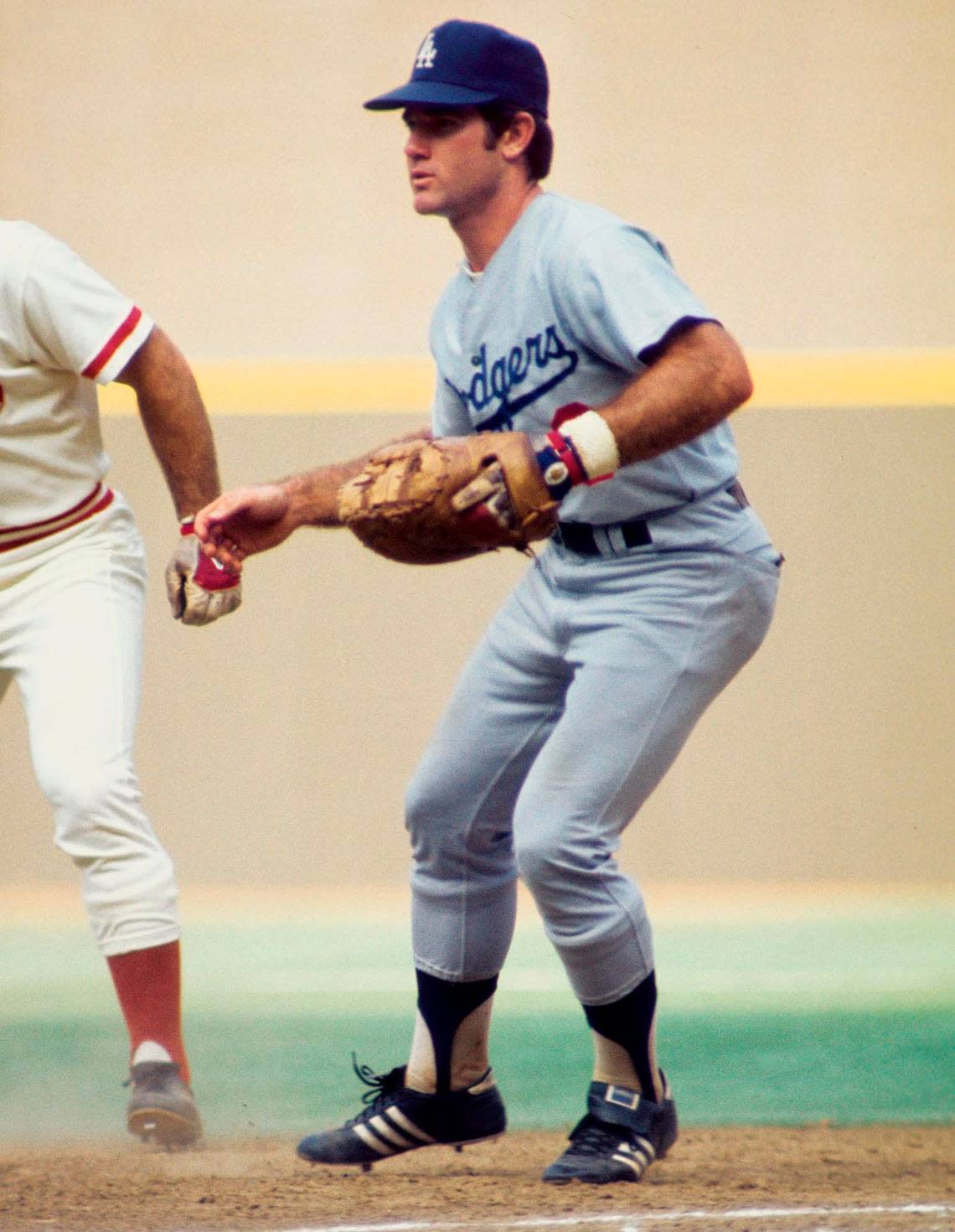 Los Angeles Dodgers first baseman Steve Garvey in action during the 1974 season against the Cincinnati Reds.